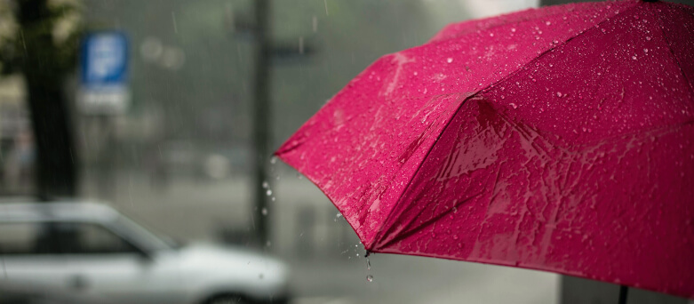woman holding pink umbrella in rain