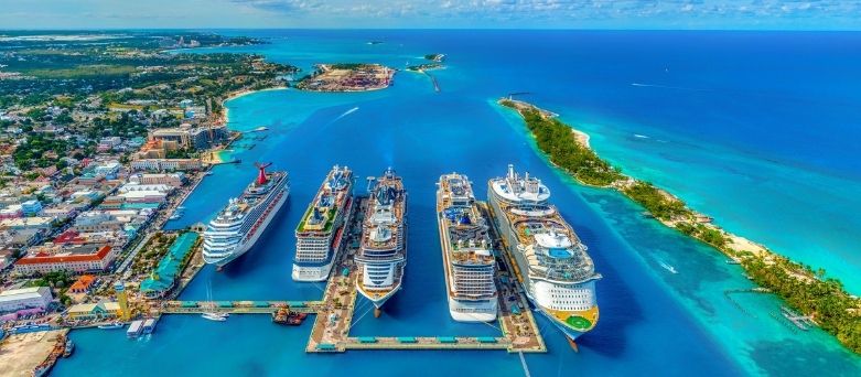 cruise ships docked at tropical port