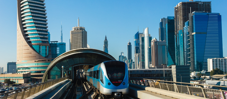 Train pulling off from station in Dubai